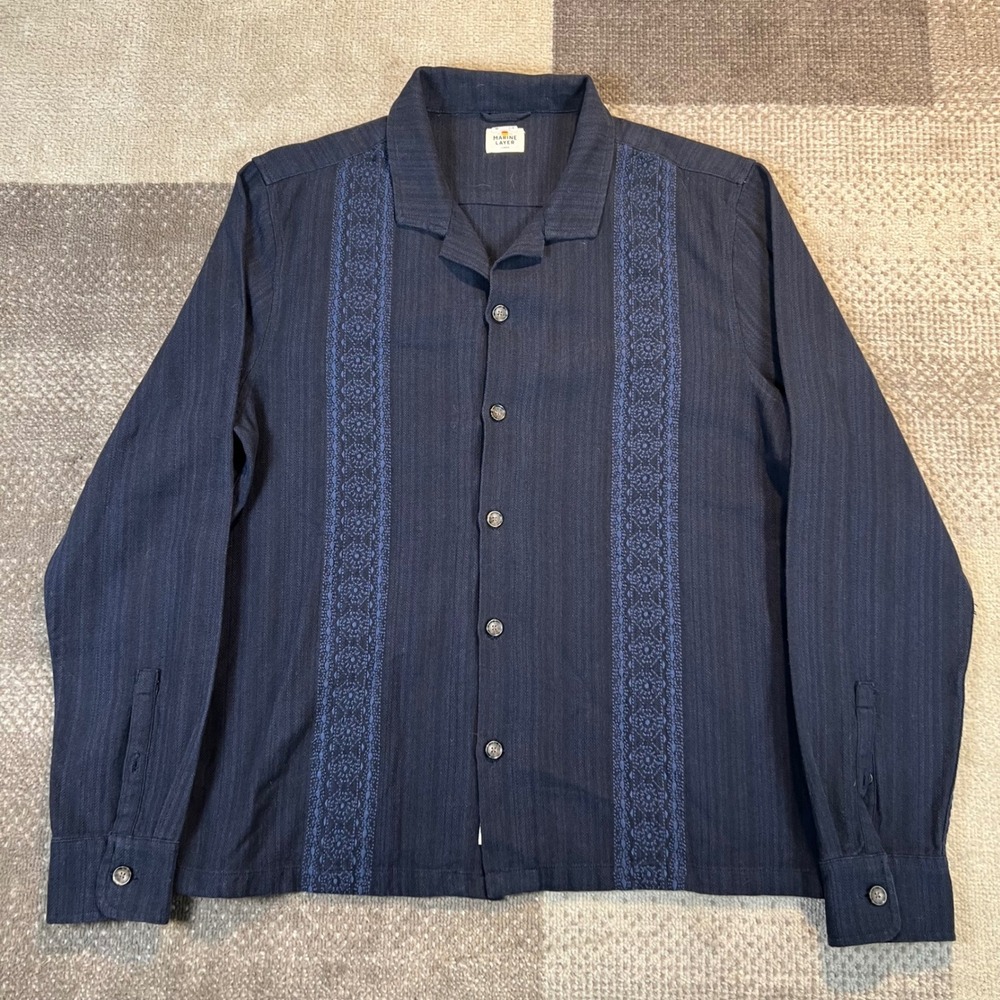 Marine Layer Mens Large Navy Blue Cotton Long Sleeve Embroidered Resort Shirt